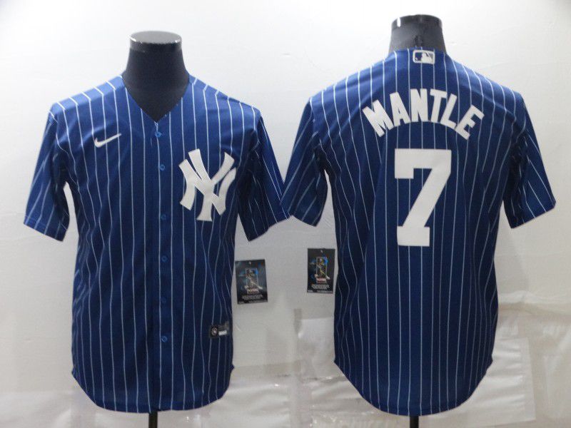 Men New York Yankees 7 Mantle Blue Stripe Throwback Nike 2022 MLB Jersey
